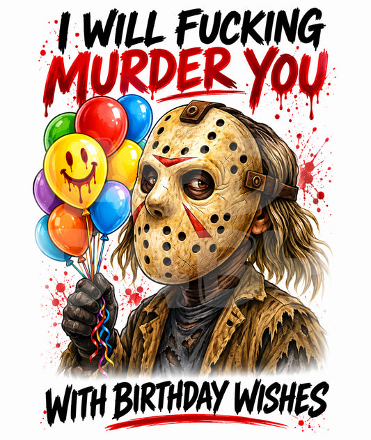 Funny Horror Birthday Card – Slasher Parody Greeting with Balloons – Savage Gift for Friends Who Love Dark Humor