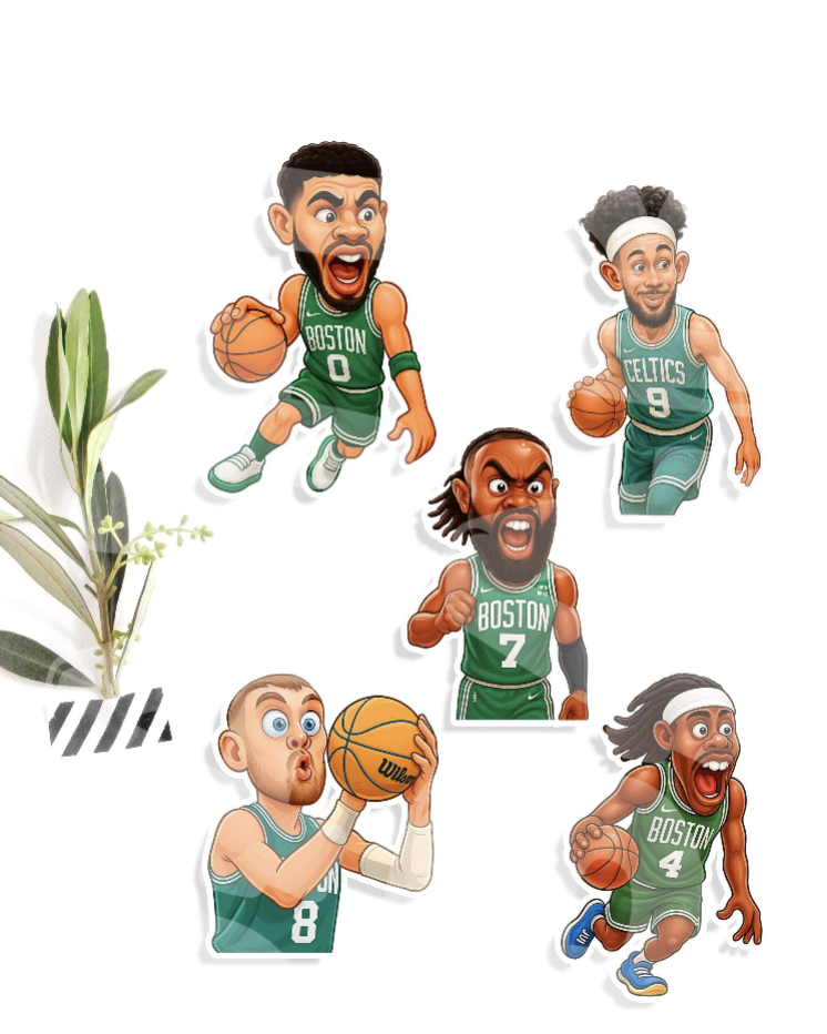 Funny Basketball Sticker 5-Pack – Boston Parody Players – Hilarious Hooper Gift – Hand-Drawn Caricature Set
