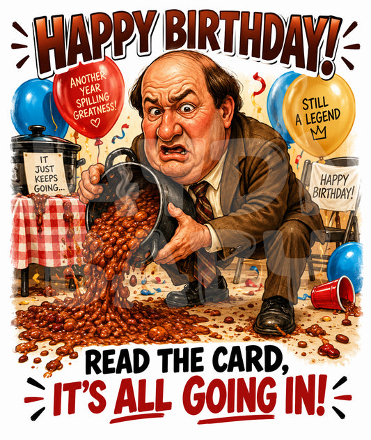 Funny Birthday Card for Him – Hilarious Chili Spill Scene – Messy Birthday Humor – Printed Card with Sarcastic Vibes