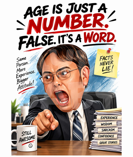 Funny Office Birthday Card – FALSE! Age Is a Word – Sarcastic Nerd Greeting – Dry Humor Card for Coworkers, Friends, or Grammar Fans