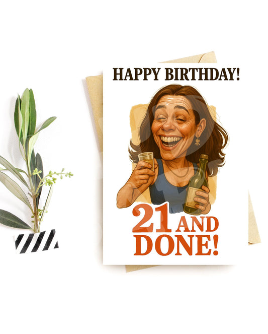 Funny 21st Birthday Card – “21 and Done” Pop Culture Greeting – Bold Caricature Art Card for Her or Him – Milestone Party Gift