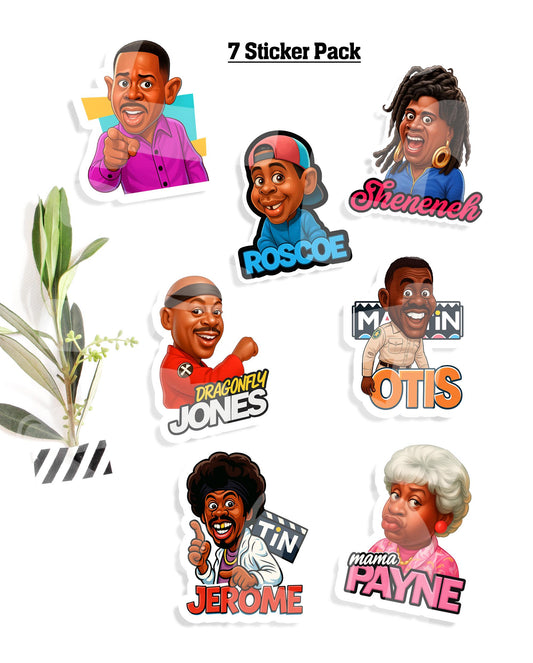 Funny 90s Comedy Sticker Pack – Parody Characters – Retro-Inspired Humor Set – Hand-Drawn Caricatures – 7-Pack Gift Set
