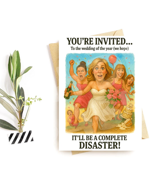 Disaster Wedding Invite – Funny Bridal Party Card, Chaotic Reception Humor, Hilarious Bridesmaid Meltdown Announcement