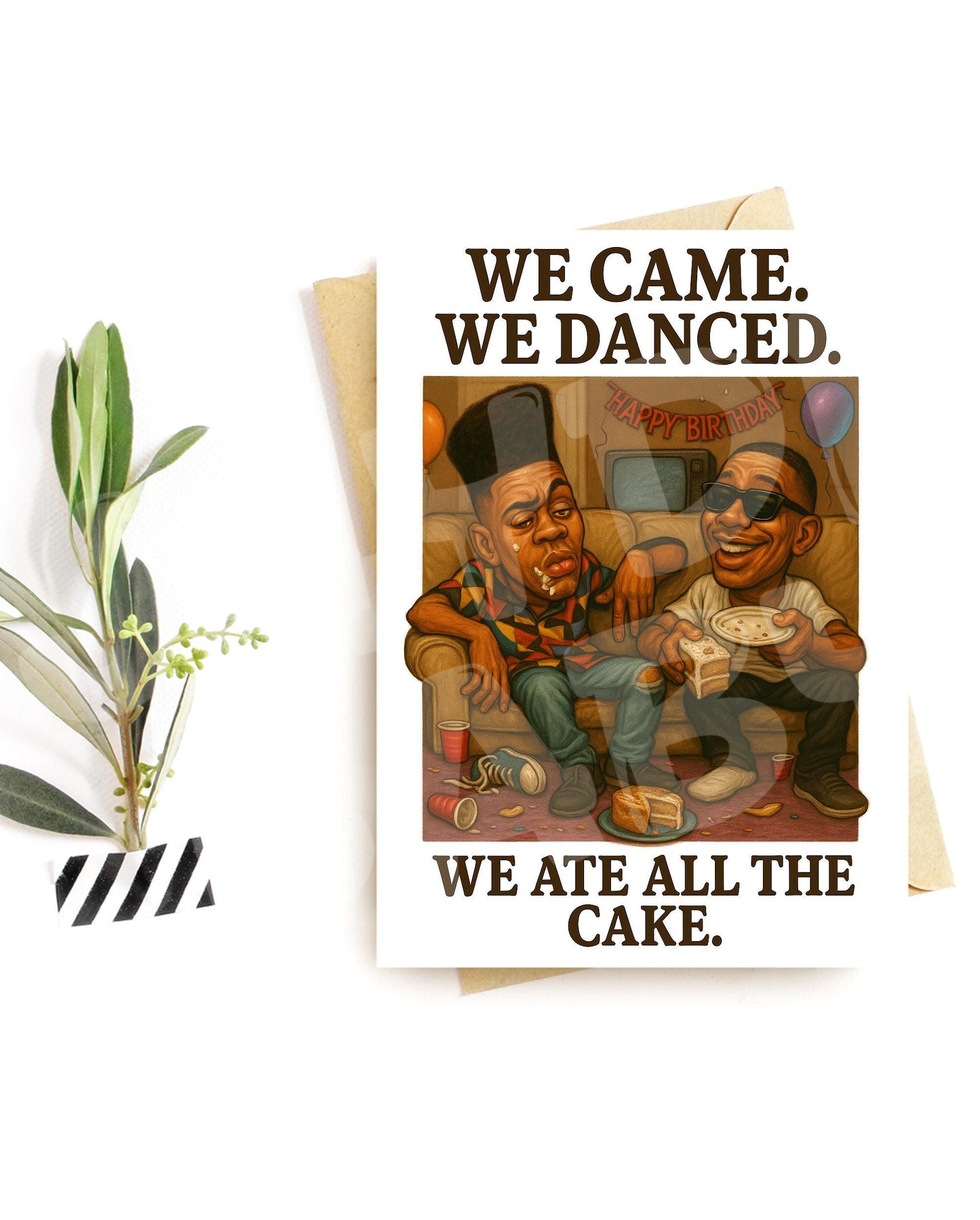 Funny Birthday Card β Retro Party Scene with Cake and Chaos, 90s Style Celebration Vibe