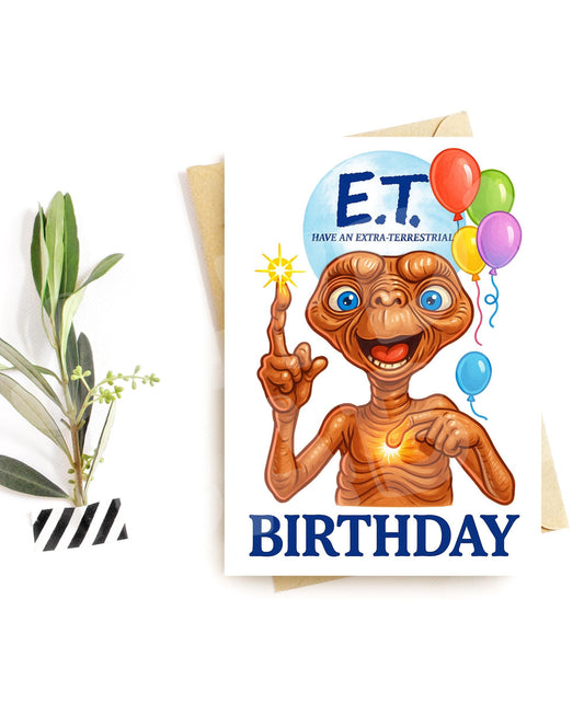 Funny Alien Birthday Card – Extra-Terrestrial Parody – 80s Movie Greeting – Sci-Fi Fan Gift – Hilarious Nostalgic Card