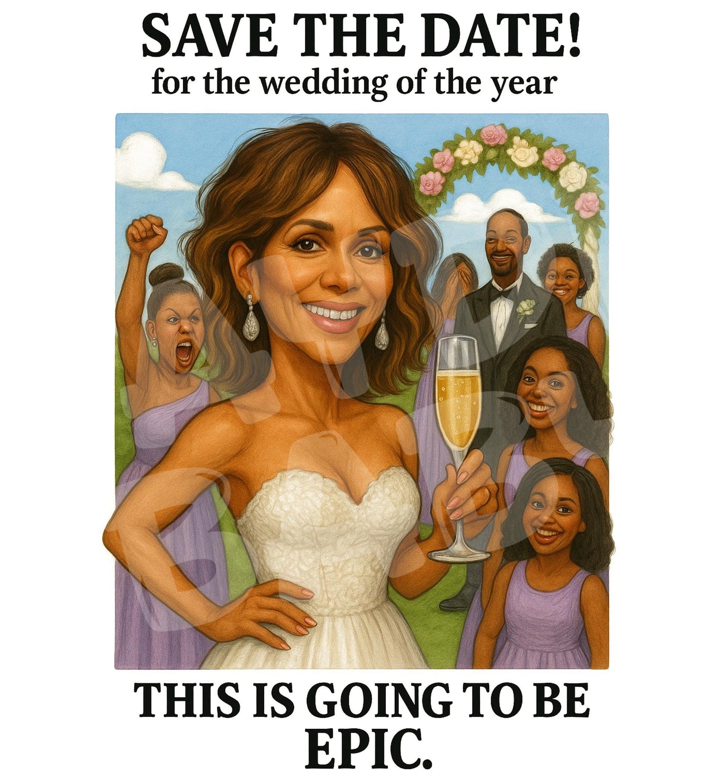 Funny Save the Date Card β Wedding of the Year Invite, Bold Bride Scene with Champagne and Chaos