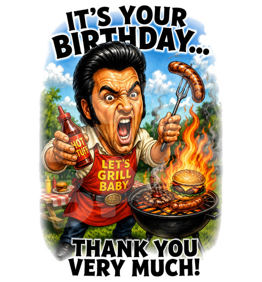 Funny BBQ Birthday Card – Retro Rock and Roll Parody, Grilling Humor for Him