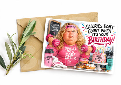 Funny Birthday Card – “Calories Don’t Count” Parody – Hilarious Caricature Greeting for Her – Bold Gift for Cake Lovers with Attitude