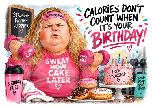 Funny Birthday Card – “Calories Don’t Count” Parody – Hilarious Caricature Greeting for Her – Bold Gift for Cake Lovers with Attitude