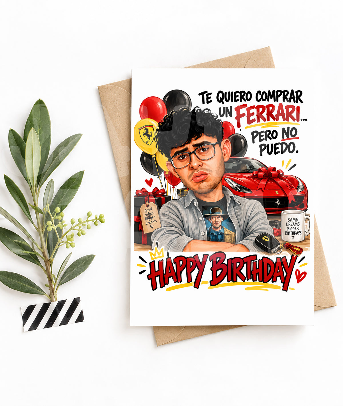 Funny Bilingual Birthday Card – Latin Pop Parody – Te Quiero Comprar Un Ferrari Pero No Puedo – Hilarious Spanish Greeting