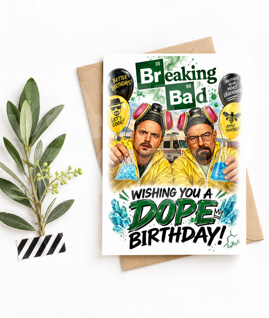Funny Dope Birthday Card – Bold Parody Greeting Card for Him or Her – Yellow Suit Cartoon Card for Friend or Fan