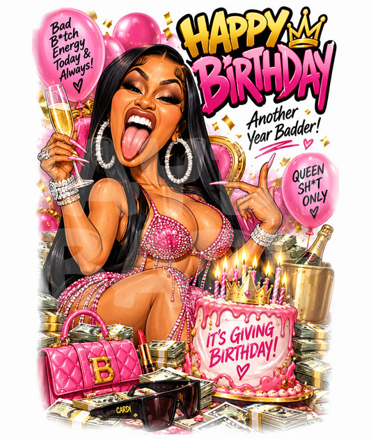 Funny Sassy Birthday Card – “Have a Cardi Birthday” Inspired Parody – Bold Caricature Greeting for Her – Loud and Glam Celebration Vibes