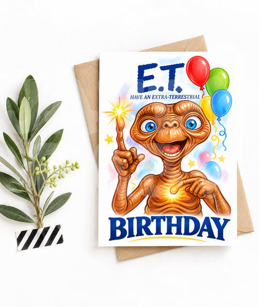 Funny Alien Birthday Card – Extra-Terrestrial Parody – 80s Movie Greeting – Sci-Fi Fan Gift – Hilarious Nostalgic Card