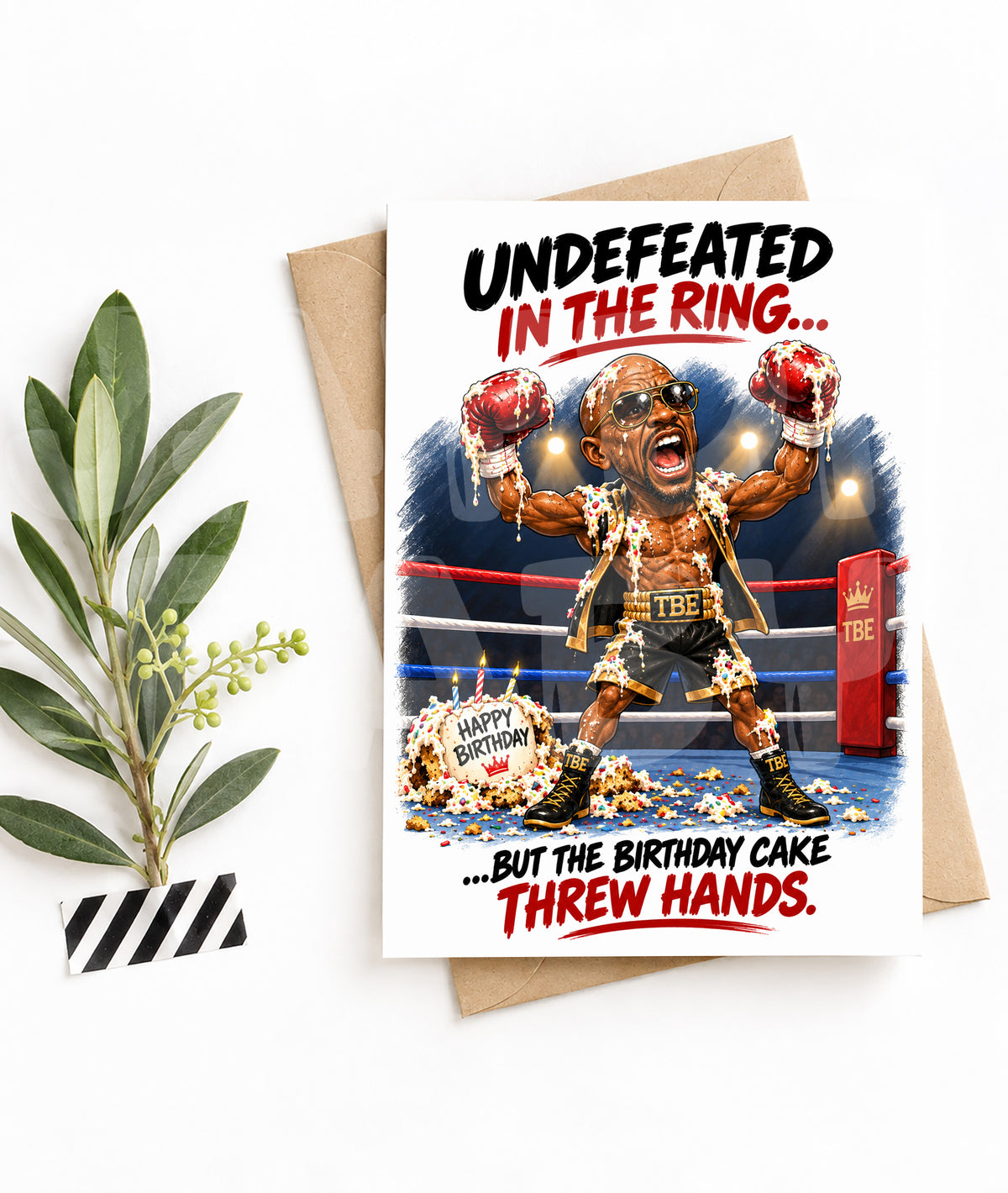 Funny Birthday Card for Him – Boxing Ring Cake Fight – Parody Knockout Humor – Sarcastic Party Chaos – Hilarious Card for Men