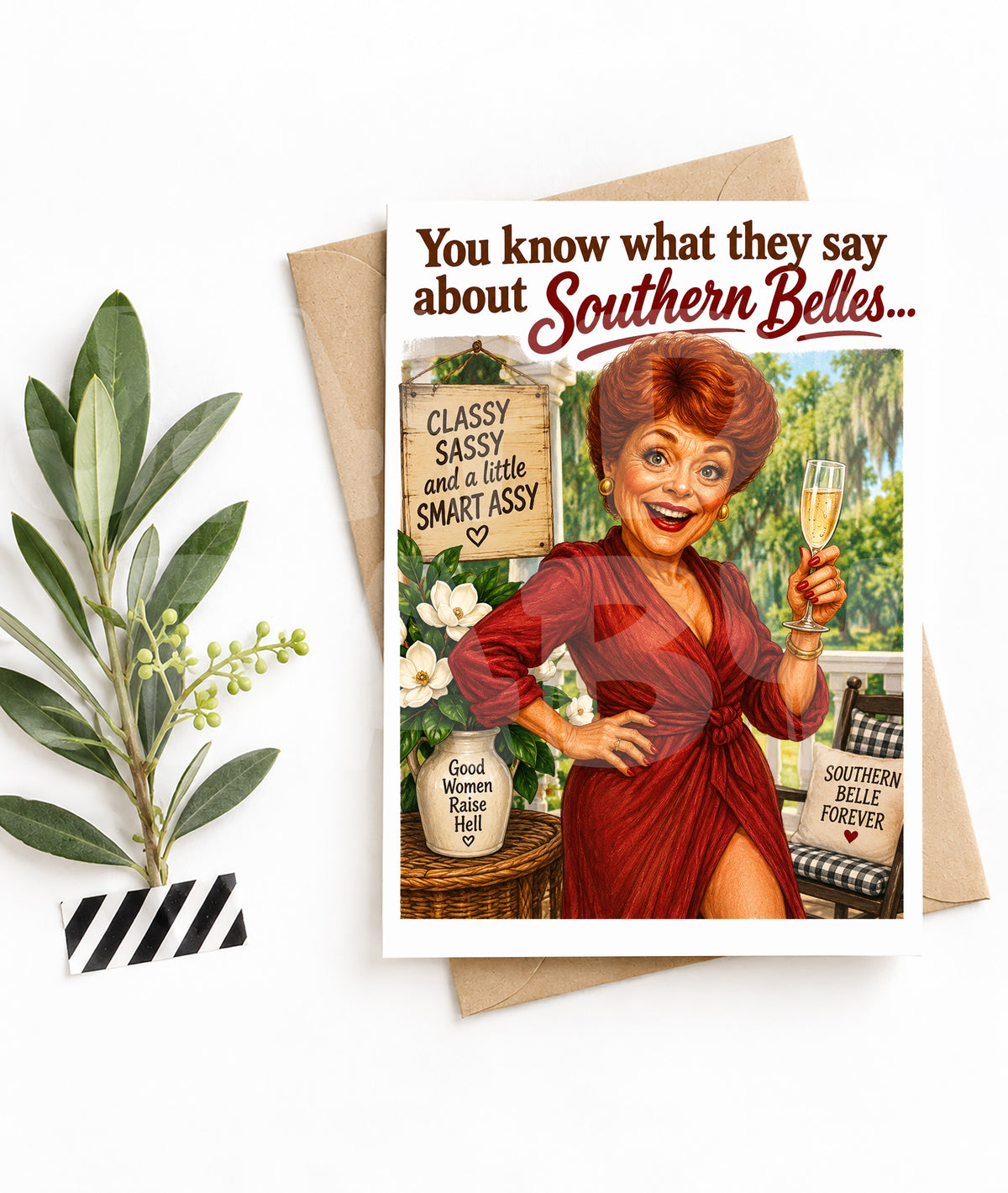 Funny Southern Belle Card – Retro Sass Birthday Card for Her, Champagne Humor