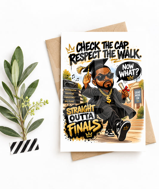 Funny Graduation Card for Him or Her | Straight Outta Finals | Parody Grad Card with Cap & Gown | Rapper-Inspired Grad Card