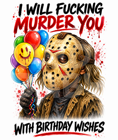 Funny Horror Birthday Card – Slasher Parody Greeting with Balloons – Savage Gift for Friends Who Love Dark Humor