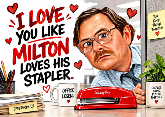 Funny Office Love Card – I Need You Like Milton Needs His Stapler – Sarcastic Birthday or Valentine – Dry Humor for Him or Her