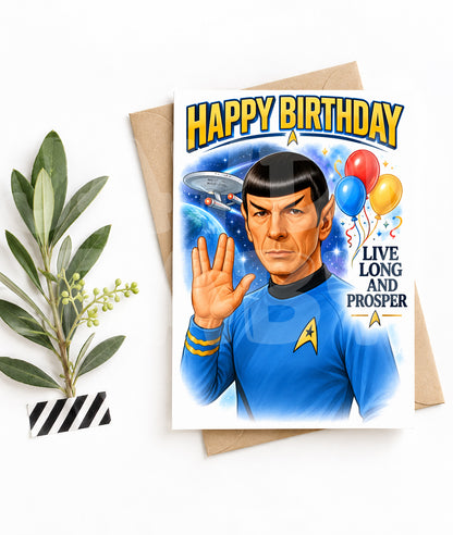 Funny Sci-Fi Birthday Card – Live Long and Prosper Parody – Geeky Card for Him or Her – Space Birthday Gift with Attitude