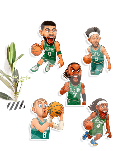 Funny Basketball Sticker 5-Pack – Boston Parody Players – Hilarious Hooper Gift – Hand-Drawn Caricature Set