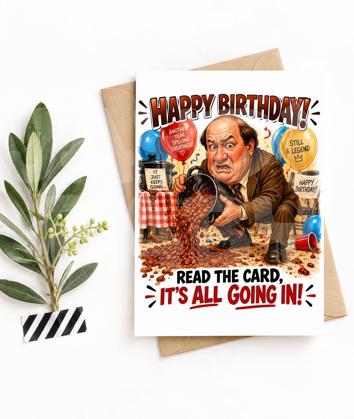 Funny Birthday Card for Him – Hilarious Chili Spill Scene – Messy Birthday Humor – Printed Card with Sarcastic Vibes
