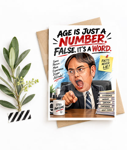Funny Office Birthday Card – FALSE! Age Is a Word – Sarcastic Nerd Greeting – Dry Humor Card for Coworkers, Friends, or Grammar Fans