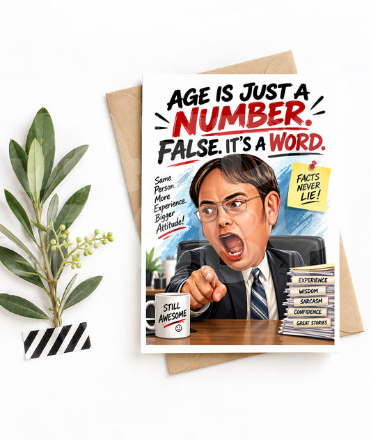 Funny Office Birthday Card – FALSE! Age Is a Word – Sarcastic Nerd Greeting – Dry Humor Card for Coworkers, Friends, or Grammar Fans