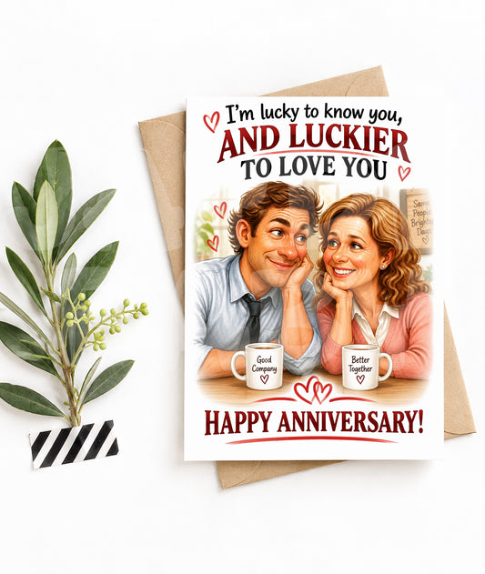 Funny Anniversary Card for Couple – Parody Office Romance – Lucky to Love You Card