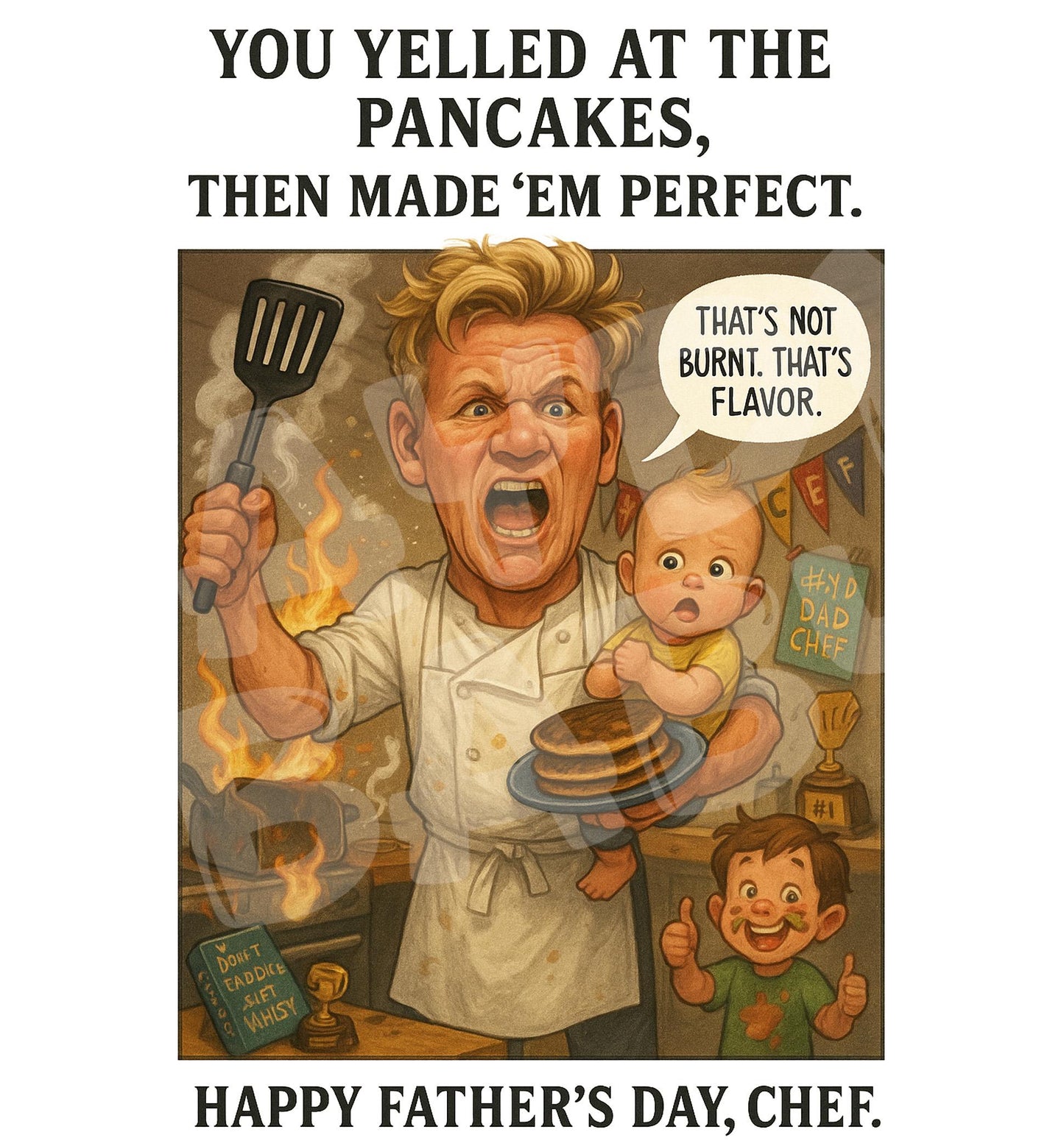 Funny Father’s Day Card for Dad – Angry Chef Card with Kids – Hilarious Gift from Children – Printed Card with Kitchen Disaster