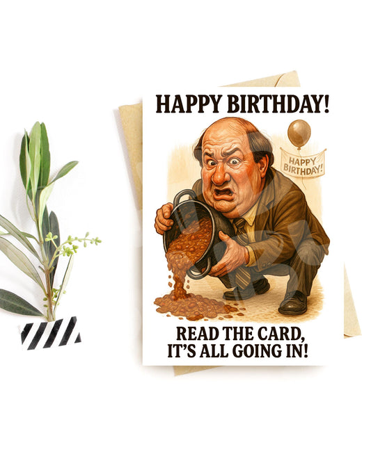 Funny Birthday Card for Him – Hilarious Chili Spill Scene – Messy Birthday Humor – Printed Card with Sarcastic Vibes