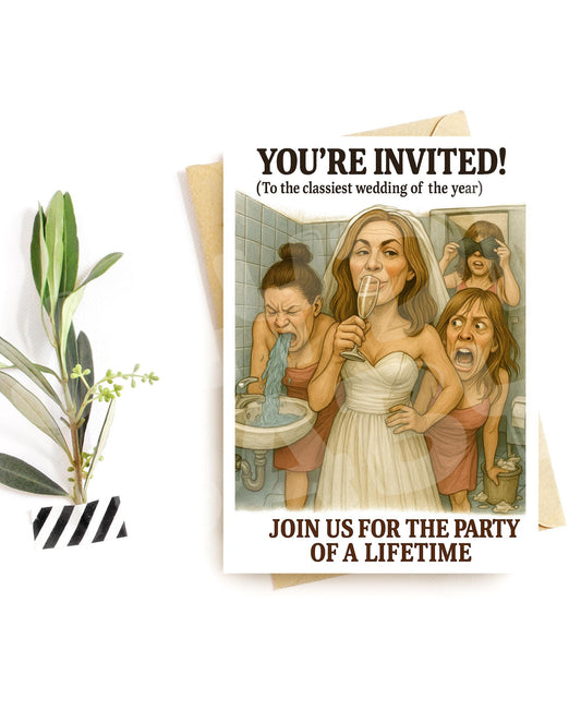 Funny Wedding Invite – Hilarious Party of a Lifetime Card, Classy Chaos Bridal Humor, Wild Bridesmaid Parody Card