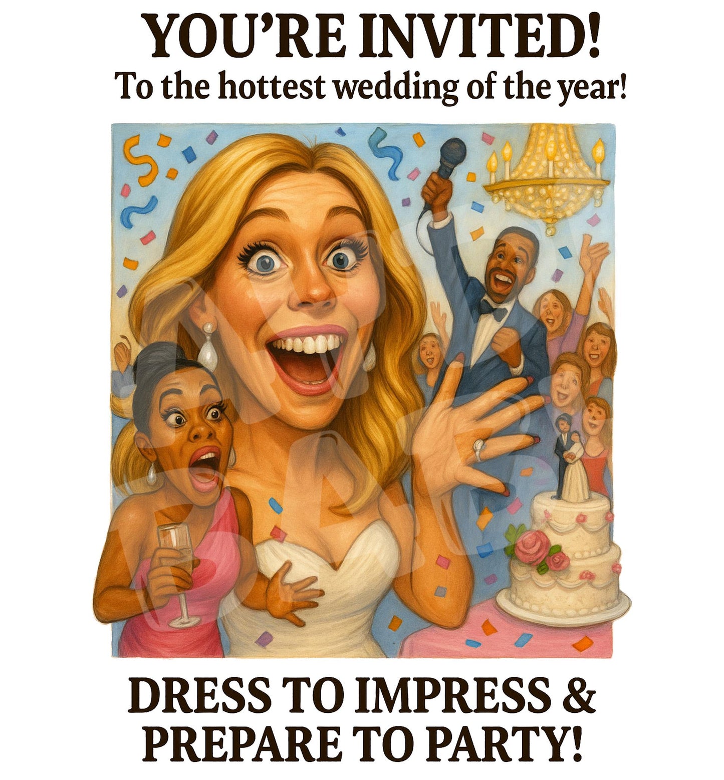 Funny Wedding Invitation Card – Hilarious Party Scene – Over-the-Top Celebration