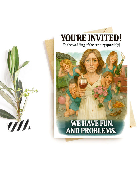 Funny Wedding Invite – Chaotic Bridal Party Card, Hilarious Bridesmaid Humor, Wild Reception Announcement