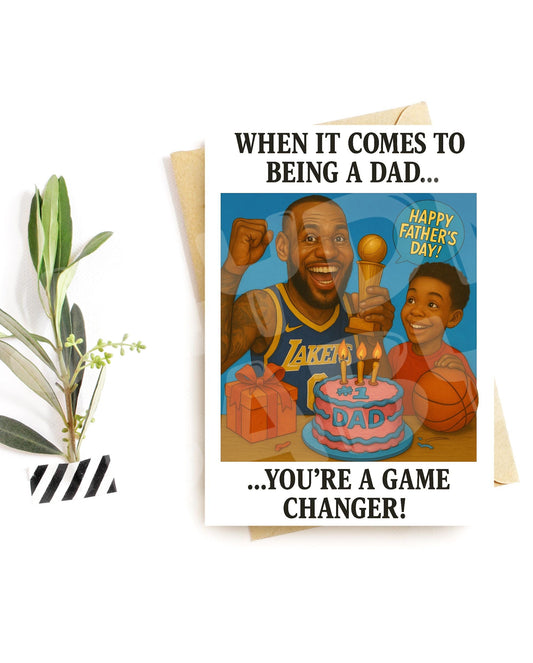 Game Changer Dad Card – Funny Father’s Day Card for Him, Basketball Parody Card from Kids, Sports Fan Gift