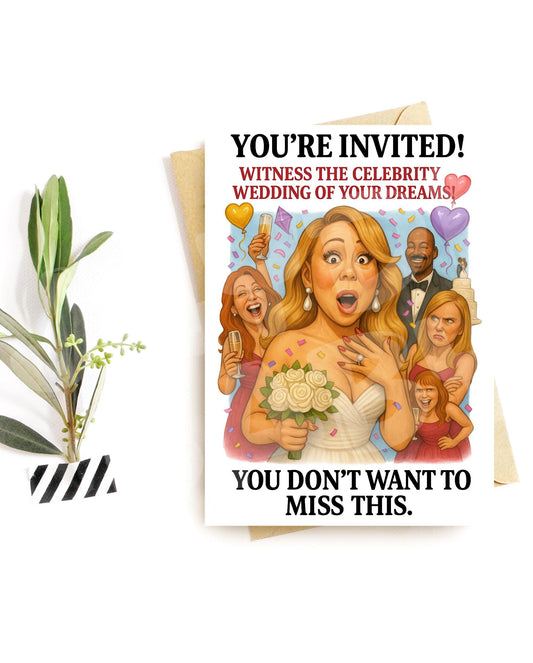 Funny Wedding Invitation Card – Celebrity Bride Parody – Glam Party Chaos Design