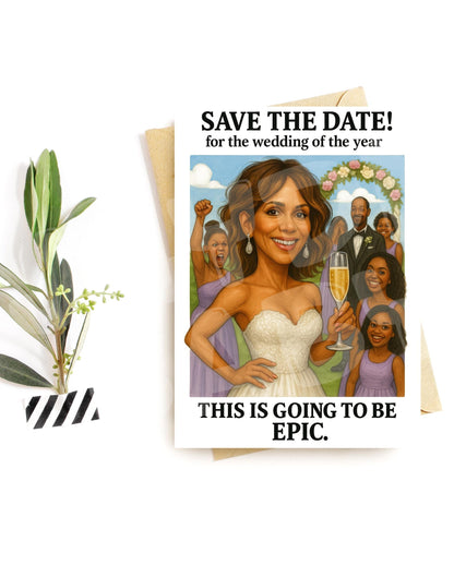 Funny Save the Date Card – Wedding of the Year Invite, Bold Bride Scene with Champagne and Chaos