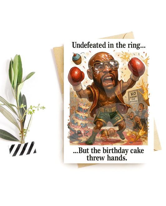 Funny Birthday Card for Him – Boxing Ring Cake Fight – Parody Knockout Humor – Sarcastic Party Chaos – Hilarious Card for Men