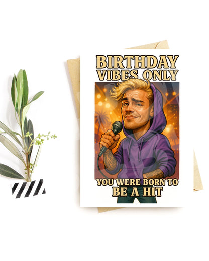 Funny Pop Star Birthday Card – “Birthday Vibes Only” Parody – Born to Be a Hit Card