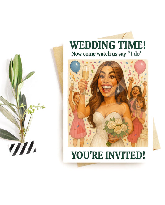 Funny Wedding Invitation – Chaotic Bride Card – Caricature Party Invite – Hilarious Group Scene – Wild Celebration Humor