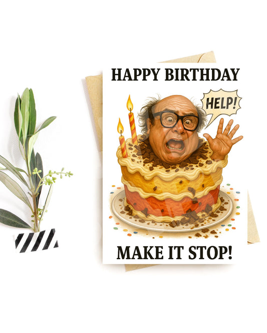 Funny Birthday Card – Screaming Cake Chaos – Hilarious Over-the-Top Humor – Sarcastic Aging Joke – Meltdown Celebration Card