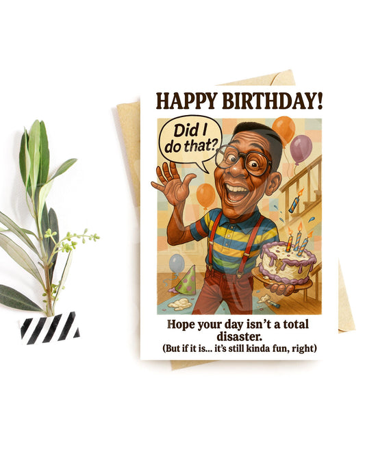 Funny Nerd Birthday Card – Clumsy Retro Character Parody – Hilarious 90s Sitcom Birthday Card for Him or Her