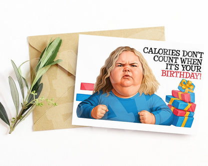 Funny Birthday Card – “Calories Don’t Count” Parody – Hilarious Caricature Greeting for Her – Bold Gift for Cake Lovers with Attitude