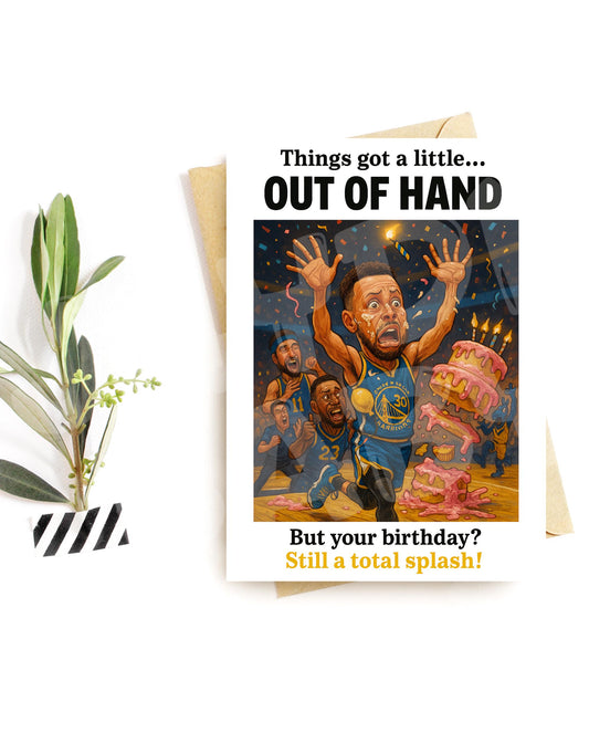 Funny Basketball Birthday Card – Hilarious Cake Chaos Scene – Printed Sports Humor Card for Him – Splash Party Gone Wrong