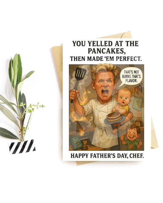 Funny Father’s Day Card for Dad – Angry Chef Card with Kids – Hilarious Gift from Children – Printed Card with Kitchen Disaster