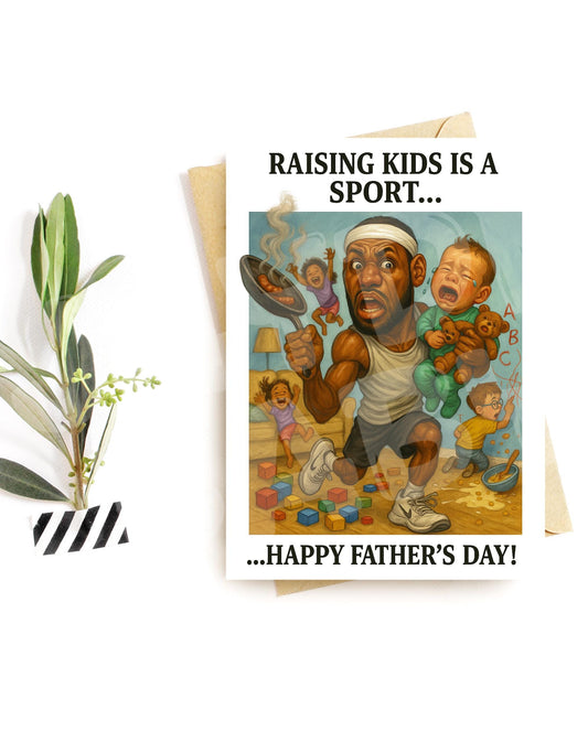 Raising Kids Sport Card – Funny Father’s Day Card for Him, Hilarious Dad Life Parody, Parenting Chaos Greeting Card