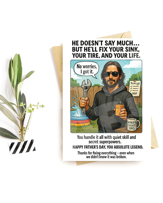 Funny Father’s Day Card for Dad – Chill Fix-It Guy – Card for Husband, Stepdad, or Father Figure