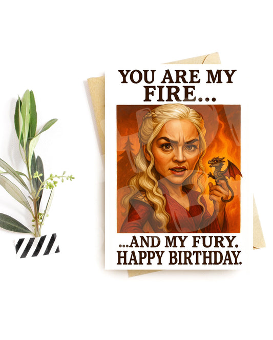 Funny Fire and Fury Card – Fierce Birthday Card for Her or Him, Dragon Parody Greeting, Bold Fantasy Humor