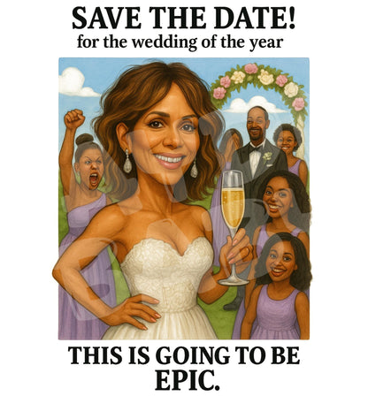 Funny Save the Date Card – Wedding of the Year Invite, Bold Bride Scene with Champagne and Chaos