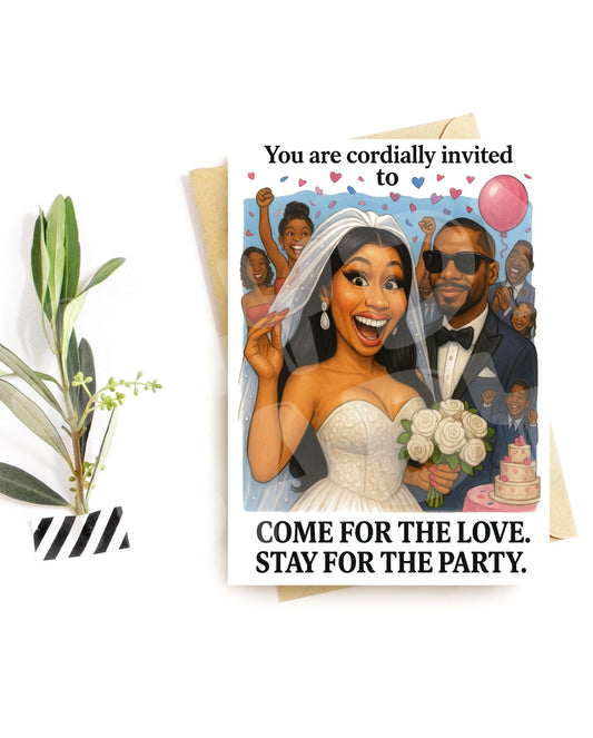 Funny Wedding Card Invite – Come for the Love Design – Parody Bride and Groom – Hilarious Party Vibe – Card for Couples or Guests