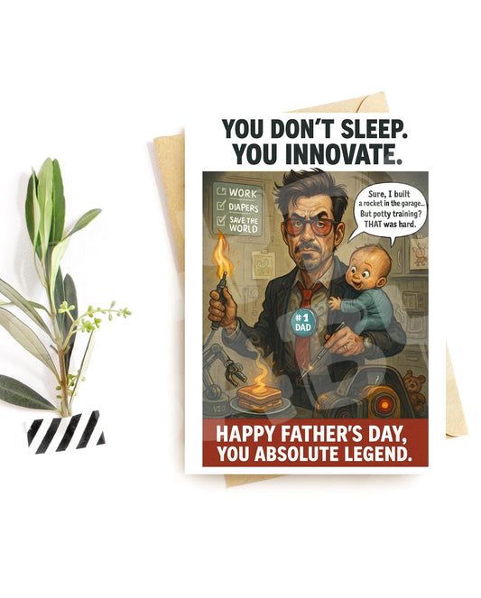 Funny Father’s Day Card – Inventor Dad Parody – Hilarious Parenting Card – Tech Genius Humor – Card for Superhero Dads